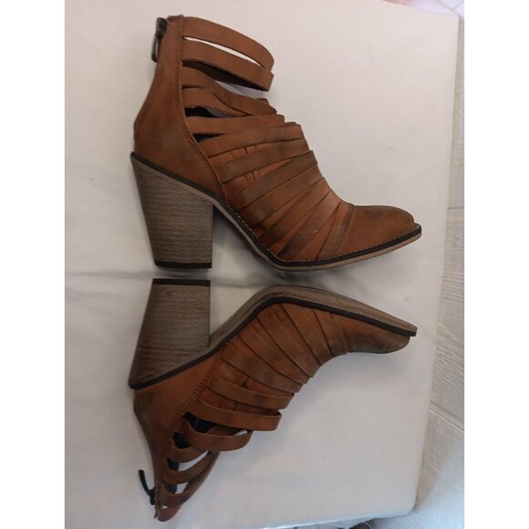 Free People Women 7 Hybrid Leather Strappy Ankle Booties Brown Stacked 3.5" Heel - Picture 6 of 10